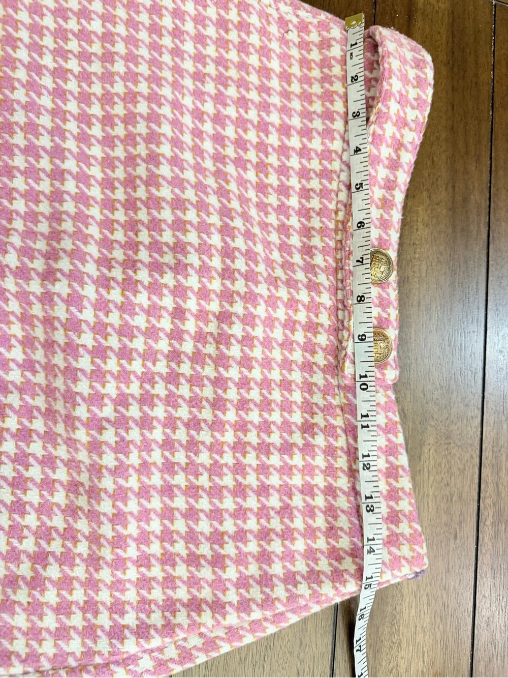 TCEC Pink Tweed Houndstooth Blazer Jacket & Skort Shorts Set Metallic Gold M